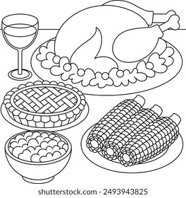 Thanksgiving feast table with turkey, pies, and corn outline coloring page