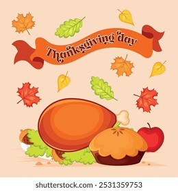 Thanksgiving feast with turkey leg, pie, and colorful leaves, Vector