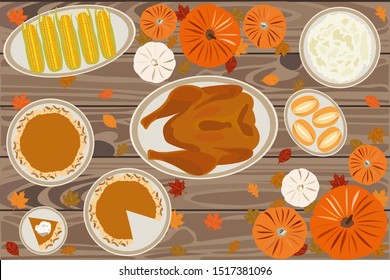 Thanksgiving feast vector flat lay