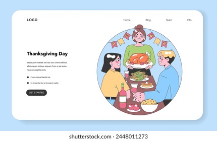 Thanksgiving Feast web or landing set. A warm family dinner with a golden turkey centerpiece, expressing gratitude and togetherness. Flat vector illustration.