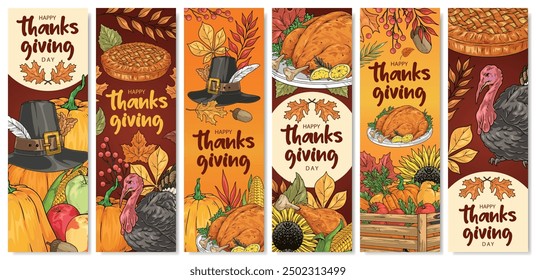 Thanksgiving festival colorful set stickers with pumpkins and turkey near greeting lettering on vertical banners vector illustration