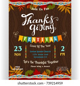 Thanksgiving festival poster template. Text customized for invitation for celebration. Colorful autumn leaves and garlands. Flags and ornate background. November holidays theme. Vector illustration.