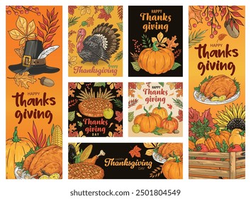 Thanksgiving festival set stickers colorful with traditional roast turkey with pilgrim hat near pumpkin pie for holiday table vector illustration