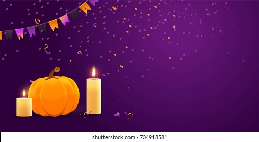 Thanksgiving festive background with flags, pumpkin, candles and serpentine.Beautiful greeting card with place for your text. Vector Illustration.