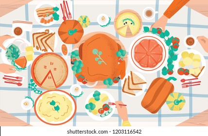 Thanksgiving festive dinner. Tasty traditional holiday meals lying on plates and hands of people eating them. Decorated table with delicious dishes, top view. Colored cartoon vector illustration.