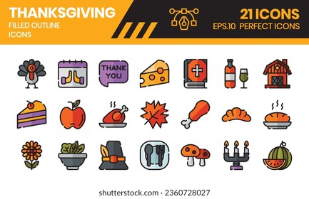Thanksgiving (filled outline) icons set. The element collection includes be used in social media posts, web design, app design, and more.