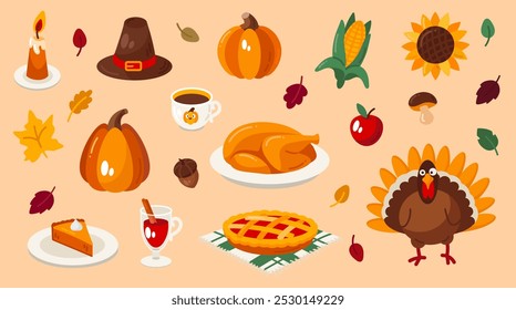 Thanksgiving flat icons set with turkey, pumpkin pie, hat, autumn leaves and other elements