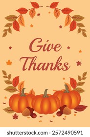 Thanksgiving flyer Autumn pumpkin background with leaves and floral decorations