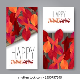 Thanksgiving flyer, banner or poster set. Fall traditional american holiday. Background with maple and oak red and orange leaves on wooden rustic board. Vector illustration.