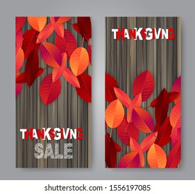 Thanksgiving flyer, banner or poster set. Fall traditional american holiday. Background with maple and oak red and orange leaves on wooden rustic board. Vector illustration.