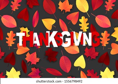 Thanksgiving flyer or poster. Fall traditional american holiday. Background with maple and oak red and orange leaves. Vector illustration.