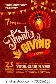 Thanksgiving Flyer Or Poster Template. Red Background With Line Art Leaves Pattern. Cheerful Turkey, Calligraphic Inscription Thanks Giving And Space For Your Text. Vector Illustration.
