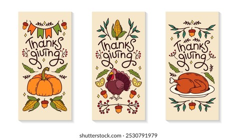 Thanksgiving flyers set. Vertical invitation background. Cozy Autumn doodle elements. Turkey, pumpkin, flags, leaves, hat, acorns. Fall season banners template. Vector color illustration.