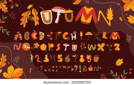 Thanksgiving font of cartoon fall autumn type for kids English alphabet, vector ABC letters. Thanksgiving holiday font letters in shape of pumpkin and rye, apple and autumn fall oak leaf with mushroom