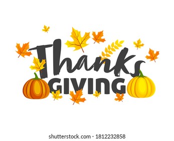 Thanksgiving Font with Pumpkins and Autumn Leaves Decorated on White Background.