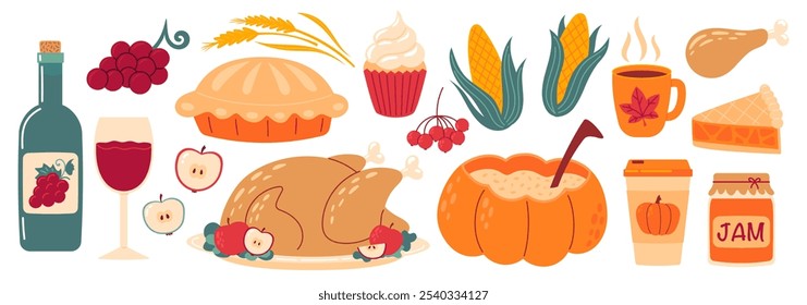 Thanksgiving food. Autumn holiday, traditional dishes, harvest festival, pumpkins, turkey and pie, corn, wine and harvest. Flat Vector illustration isolated on white background
