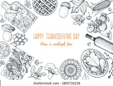 Thanksgiving food banner design. Thanksgiving illustration. Food hand drawn sketch. Festive dinner with turkey. Autumn food sketch. Engraved image. Vector thanksgiving background.