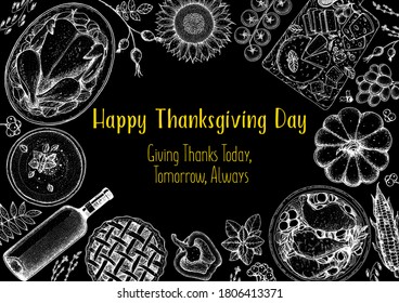 Thanksgiving food banner design. Thanksgiving illustration. Food hand drawn sketch. Festive dinner with turkey. Autumn food sketch. Engraved image. Vector thanksgiving background.