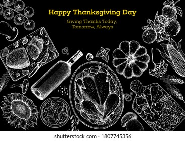 Thanksgiving food banner design. Thanksgiving illustration. Food hand drawn sketch. Festive dinner with turkey. Autumn food sketch. Engraved image. Vector thanksgiving background.