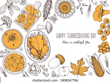 Thanksgiving food banner design. Thanksgiving illustration. Food hand drawn sketch. Festive dinner with turkey. Autumn food sketch. Engraved image. Vector thanksgiving background.
