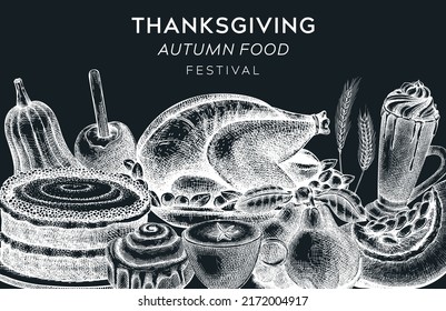 Thanksgiving food banner design. Popular holiday dishes border. Roasted turkey, pumpkins, baked cakes, hot drinks sketches. Vintage autumn food template. Vector Thanksgiving background on a chalkboard