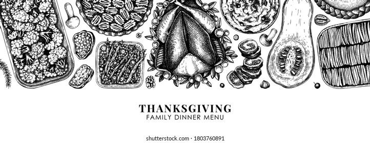 Thanksgiving food banner design. Traditional holiday meals - roasted turkey, cooked vegetables, rolled meat, baking cakes, pies sketches. Vintage autumn food template. Vector Thanksgiving background.