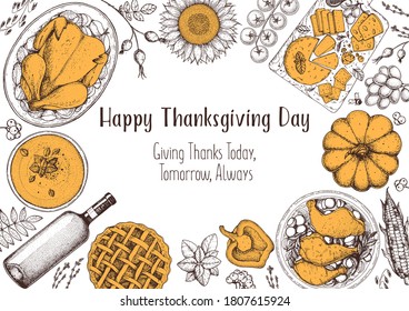 Thanksgiving food banner design.  Vector thanksgiving background.  Food hand drawn sketch. Festive dinner with turkey. Autumn food sketch. Engraved image. Thanksgiving illustration.