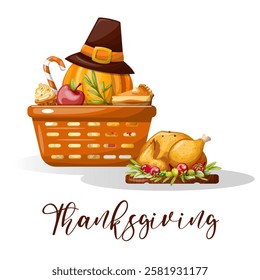 Thanksgiving food basket hand drawn illustration. Hand drawn illustration. Isolate, vector