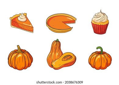 Danksagende Food Collection. Herbstferien Kürbisgerichte Set. Frische reife Kürbis und Kürbiskuchen-Illustration für Aufkleber, Einladung, Menü und Grußkartendekoration. Premium-Vektorgrafik