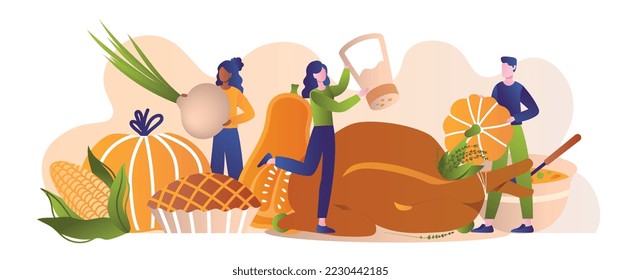 Thanksgiving food concept. Man and woman with vegetables and fruits. Farming and agriculture, health care, natural and organic food. Poster or banner for website. Cartoon flat vector illustration