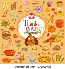 Thanksgiving food doodles and design elements with holiday traditional symbols.