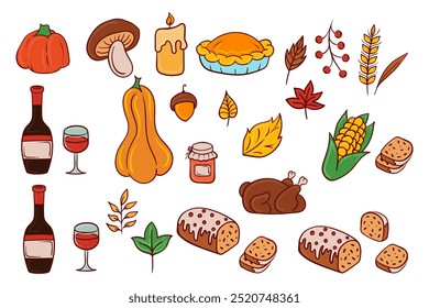 Thanksgiving food elements icon. Pumpkin, pie, turkey, wine, autumn leaves, bread, corn, festive symbols, family gathering, holiday feast, cozy celebration.