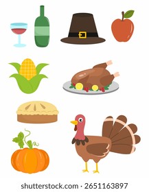Thanksgiving food elements: turkey, pie, corn, wine, and more. Use for holiday-themed designs.
