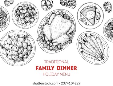 Thanksgiving food. Family dinner. Holiday menu. Food design template. Engraved style background. Food and drink set. Hand drawn sketch, design template.