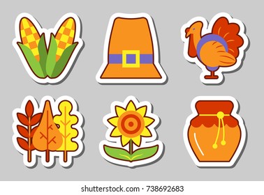 Thanksgiving food icon sticker set isolated Vector illustration flat style color patch element collection for badge, web, banner, print, tag, label, poster, scrapbook, patchwork, fashion, pop design