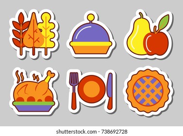 Thanksgiving food icon sticker set isolated Vector illustration flat style color patch element collection for badge, web, banner, print, tag, label, poster, scrapbook, patchwork, fashion, pop design
