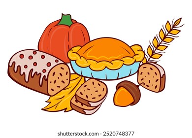 Ilustração de comida de Ação de Graças. Torta, abóbora, pão, colheita de outono, refeição festiva, reunião familiar, tradição de férias, festa acolhedora, celebração de gratidão.