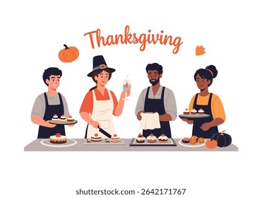 Thanksgiving food preparation with people celebrating event