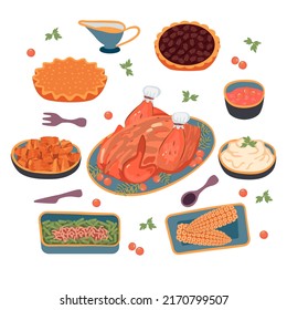 Thanksgiving Food Set Isolated On White. Baked Turkey, Green Bean Casserole, Candied Yam, Cranberry Sauce, Mashed Potatoes, Pumpkin And Pecan Pie, Corn On The Cob.Vector Hand Drawn Illustration.