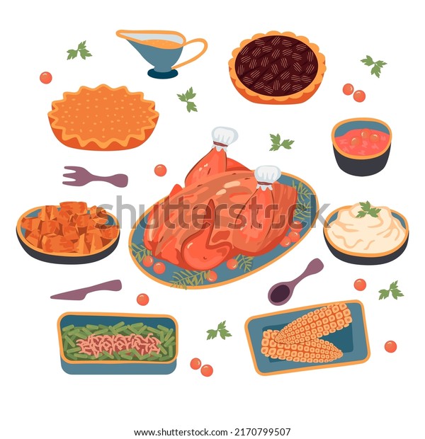 Thanksgiving food set isolated on white.\
Baked turkey, green bean casserole, candied yam, cranberry sauce,\
mashed potatoes, pumpkin and pecan pie, corn on the cob.Vector hand\
drawn\
illustration.