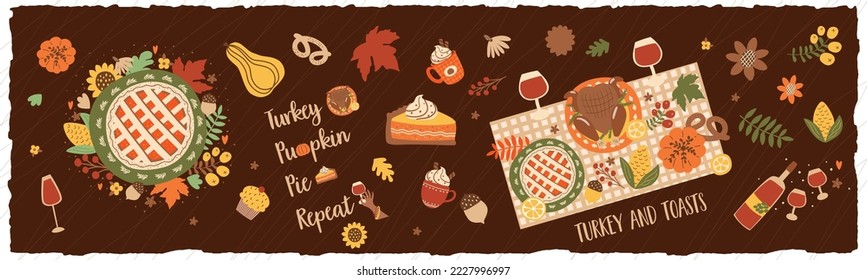 Comida de Acción de Gracias.Mesa de cena del Día de Acción de Gracias, mesa festiva con pastel, calabaza, pavo, vino, elementos florales para los amigos de tarjetas de felicitación, invitación, afiche dibujado en ilustración vectorial.