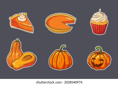 Thanksgiving Food Stickers Set. Fresh ripe pumpkins, pumpkin pies and cupcake. Collection of autumn holiday pumpkin dishes for stickers, invitation, menu and greeting cards decoration. Premium Vector