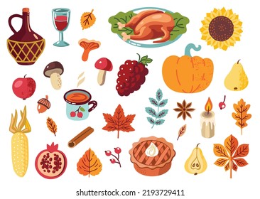 Thanksgiving food vector illustration set. Autumn harvest