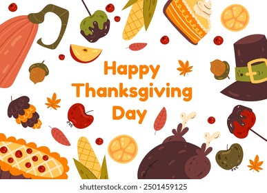 Thanksgiving food wooden banner with pie and pumpking vector flat graphic design illustration	