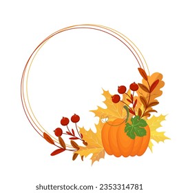 Thanksgiving frame. Composition of pumpkin, autumn leaves, rowan and mushrooms. Postcard for text, vector	
