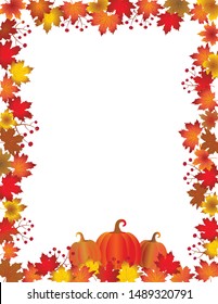 Thanksgiving frame isolated on white background. Pumpkins and red, yellow and orange fall leaves and  with copy space. Holiday fall foliage frame for text. Editable vector illustration, EPS10.