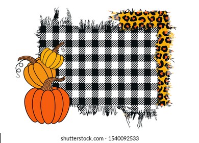 
Marco de Acción de Gracias. Calabazas anaranjadas sobre trozos de tela. Buffalo Plaid y leopardo impreso. Decor de granja.Lugar para texto. Ilustración vectorial.