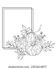 Esquema del marco de acción de gracias. Ilustración de arte de la línea de calabazas, disposición de calabazas de contorno Ilustración dibujada a mano. Coloriendo página con calabazas.  Pumpkins de Acción de Gracias. La isola de la Pumpkins del Día de Acción de Gracias