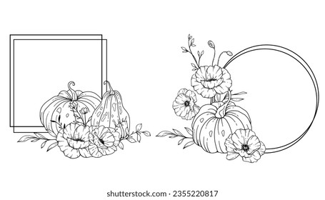 Thanksgiving Frame Outline. Pumpkins Line Art Illustration, Outline Pumpkin arrangement Hand Drawn Illustration. Coloring Page with Pumpkins.  Thanksgiving Pumpkins set. Thanksgiving Pumpkins set isol