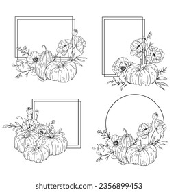 Thanksgiving Frame Outline. Pumpkins Line Art Illustration, Outline Pumpkin arrangement Hand Drawn Illustration. Coloring Page with Pumpkins.  Thanksgiving Pumpkins set. Thanksgiving Pumpkins set isol